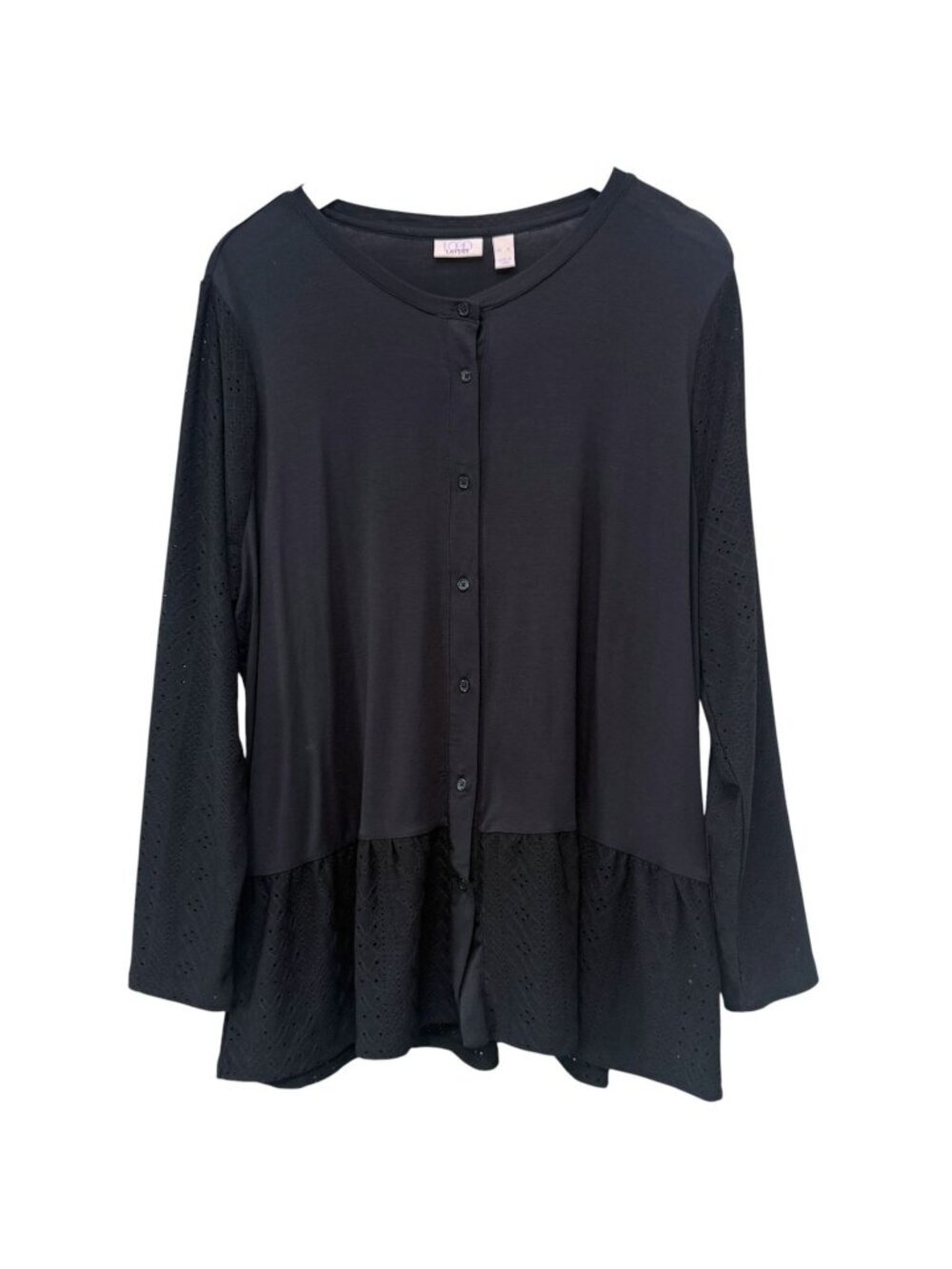 LOGO Lori Goldstein Ruffle and Eyelet Top XL Black Stretch Button Front Womens